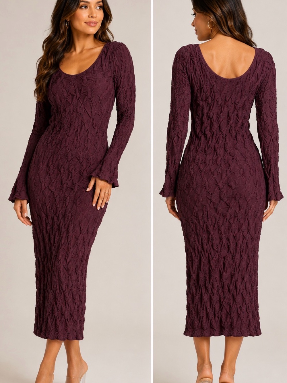 See You Monday NWT Burgundy Ruched Textured Long Sleeve Midi Dress M